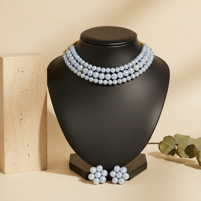 Sky Blue Pearl 3 Layer With Earrings Choker Set DB00182