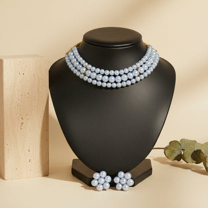 Sky Blue Pearl 3 Layer With Earrings Choker Set DB00182