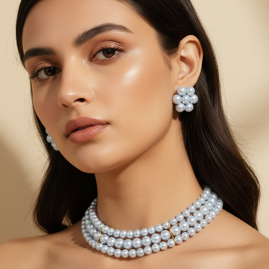 Sky Blue Pearl 3 Layer With Earrings Choker Set DB00182