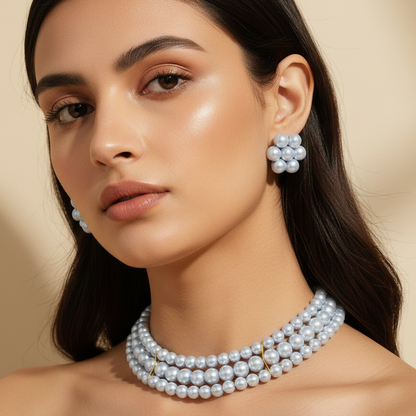 Sky Blue Pearl 3 Layer With Earrings Choker Set DB00182