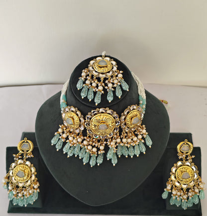 Royal Mint Green & Gold Kundan Choker Set | Includes Matching Earrings & Maang Tikka