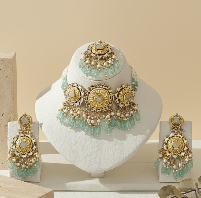 Royal Mint Green & Gold Kundan Choker Set | Includes Matching Earrings & Maang Tikka