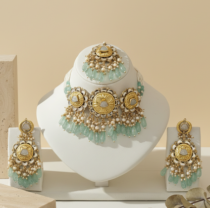 Royal Mint Green & Gold Kundan Choker Set | Includes Matching Earrings & Maang Tikka