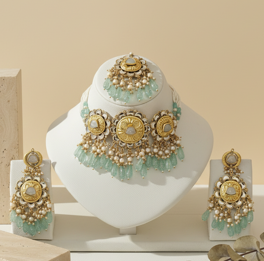 Royal Mint Green & Gold Kundan Choker Set | Includes Matching Earrings & Maang Tikka