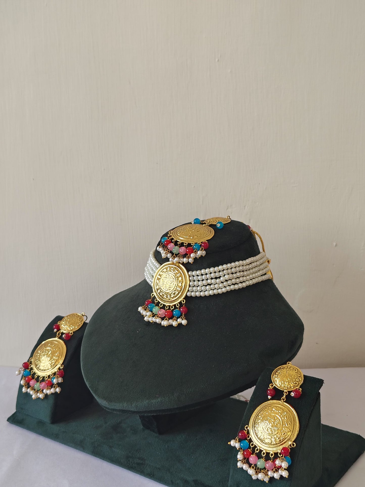 Royal Pearl Choker & Multi Strand Multi colour Jewellery Set With Maang Tikka With Earrings