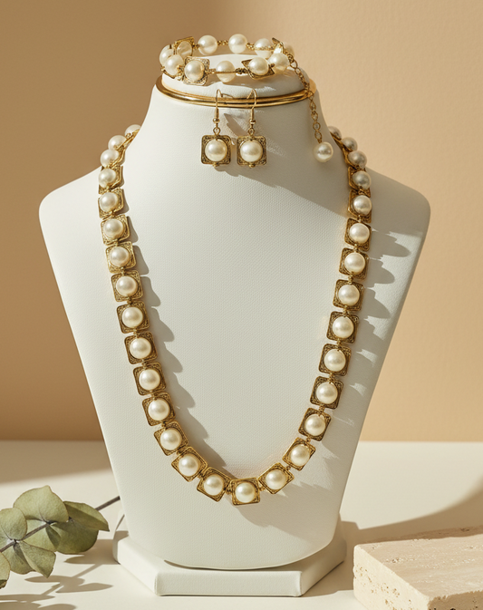 White Pearls With Golden Metal - Necklace, Earrings, Bracelet -5 Piece Set