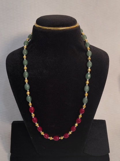 Red and Green Gemstone Beaded Mala with Gold Spacers