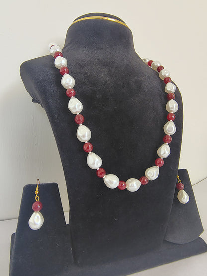 Pearl & Ruby Red white Necklace With Matching Earings