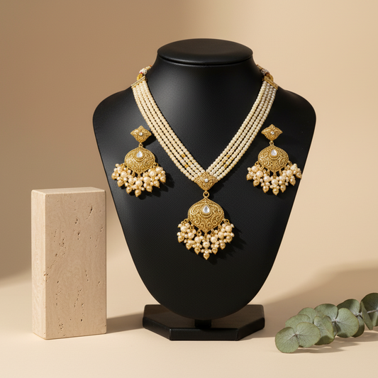Royal White & Golden shade Choker With Matching Earrings & Maang Tikka