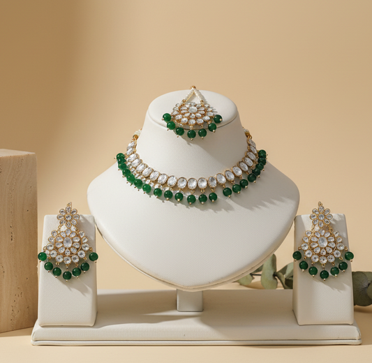 Bright Green Golden Shade Kundan Set - Premium Quality With Matching Earrings