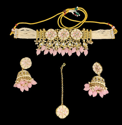 Royal Baby Pink Choker With Matching Earrings & Maang Tikka