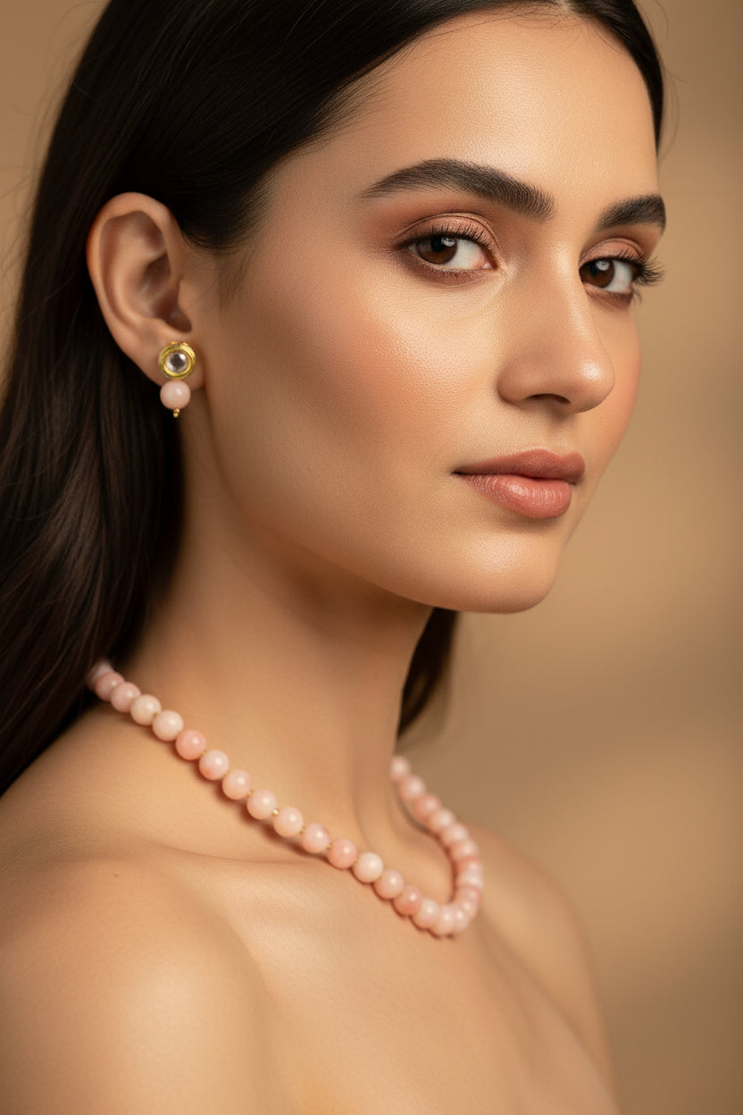 Peach Onyx Necklace With Metal Earrings