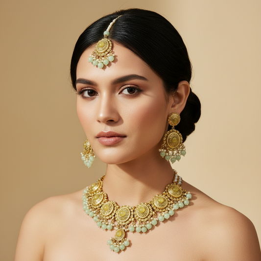 Traditional Golden & light Green Choker With Golden Metal Earrings