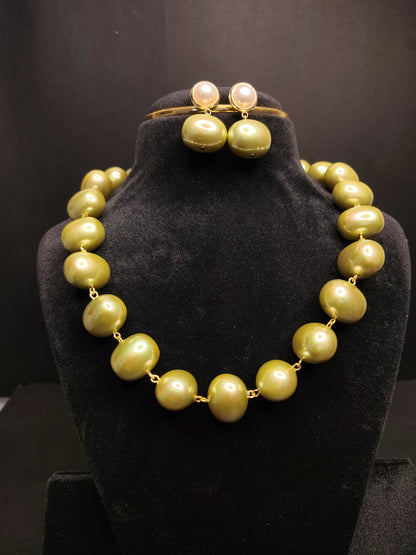 Korean Green Pearl With Earrings Big Size Necklace  DB00043
