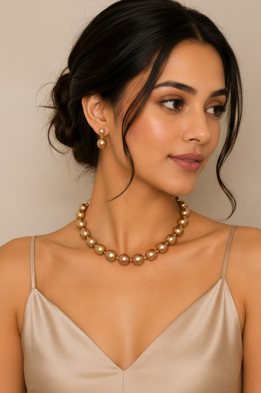 Champagne Gold Premium Heavy Pearl Necklace with Earrings
