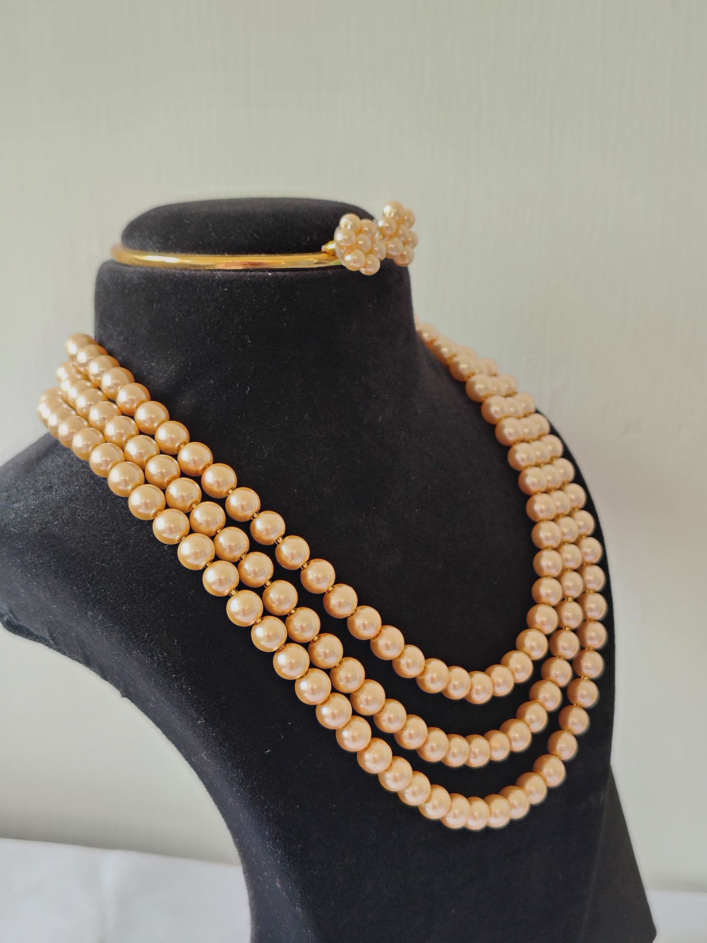 3 Layer Pearl Necklace Set Golden Shade With Earrings