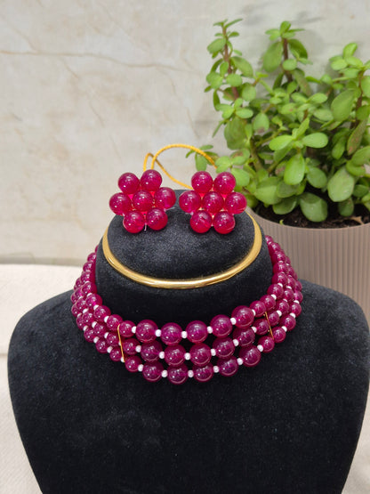 Stunning Multi-Strand Maroon Bead Necklace & Earring Set