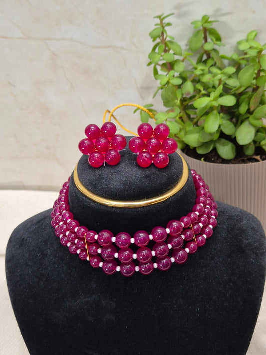 Stunning Multi-Strand Maroon Bead Necklace & Earring Set