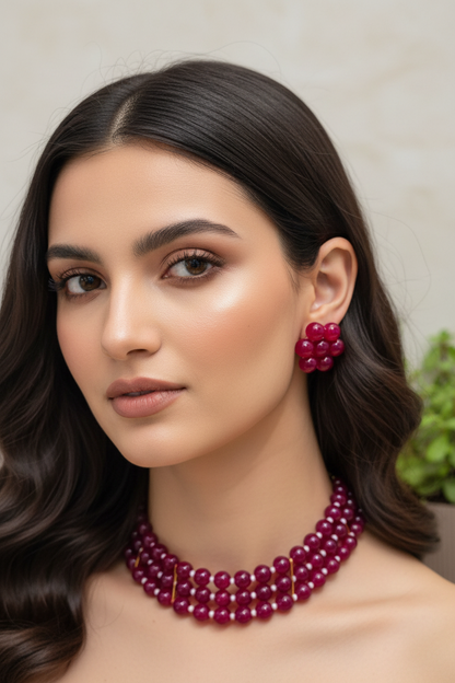 Stunning Multi-Strand Maroon Bead Necklace & Earring Set