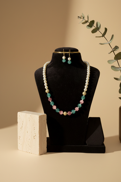 Multi Colour Pearl With Matching Earrings Necklace Set