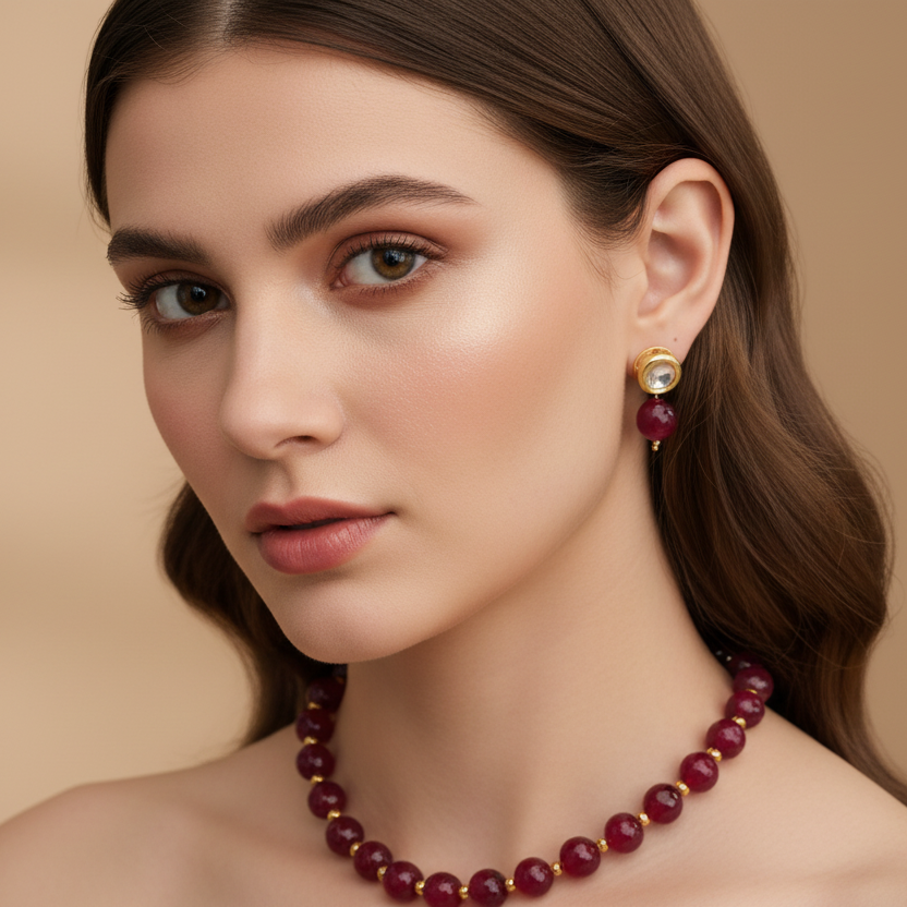 Onyx Maroon Bigger Faceted Bead Necklace & Earring Set