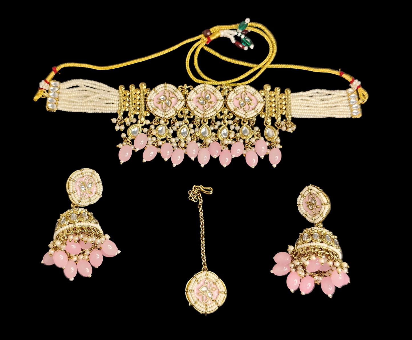 Royal Baby Pink Choker With Matching Earrings & Maang Tikka