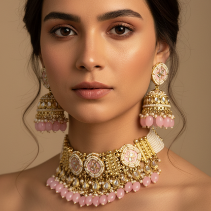 Royal Baby Pink Choker With Matching Earrings & Maang Tikka