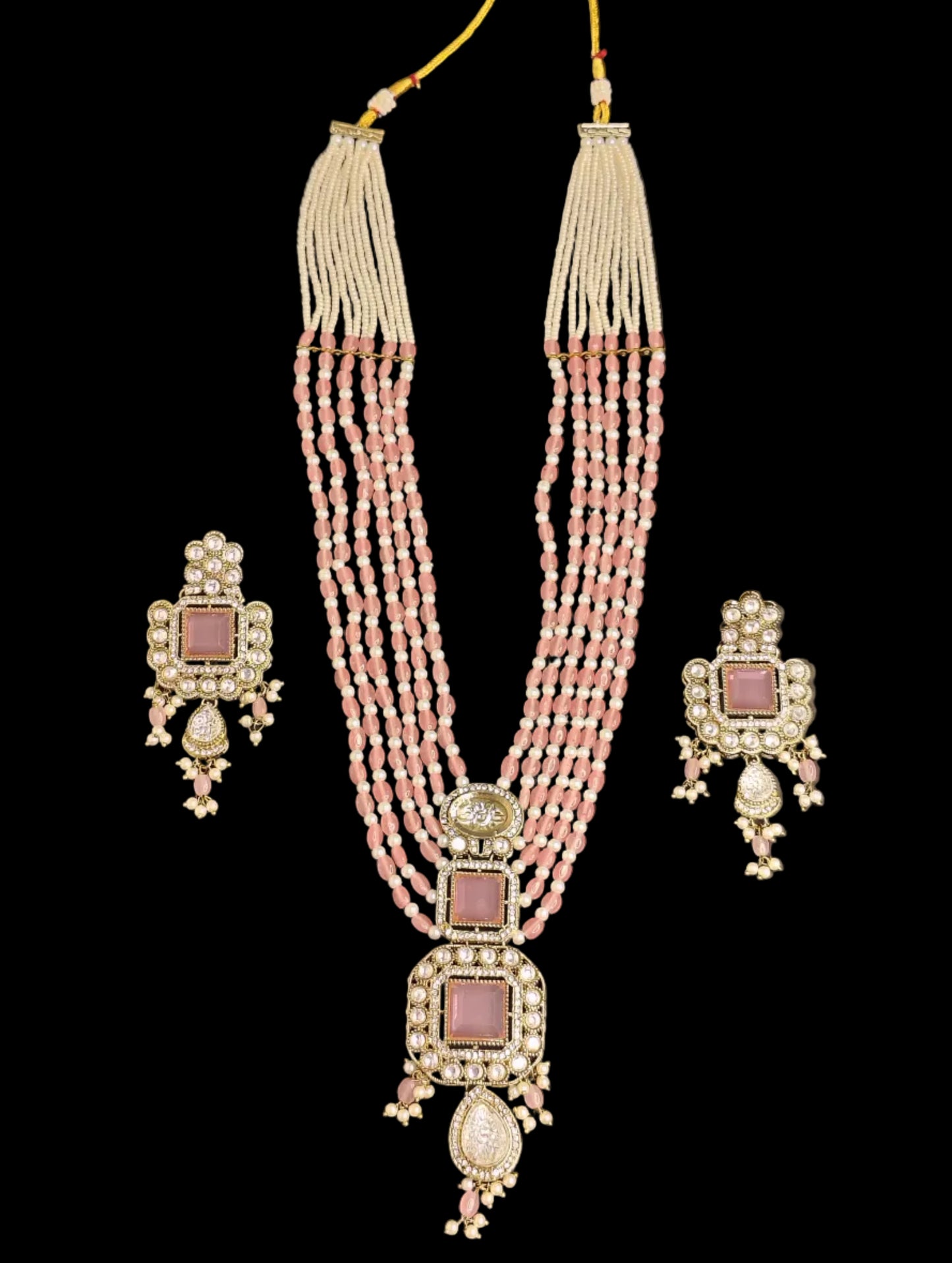 Royal White & Baby Pink Long Necklace With Matching Earrings