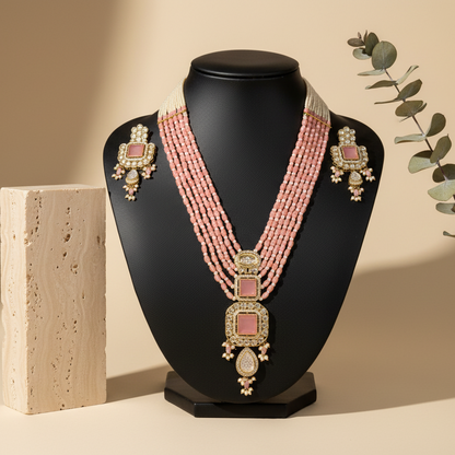 Royal White & Baby Pink Long Necklace With Matching Earrings