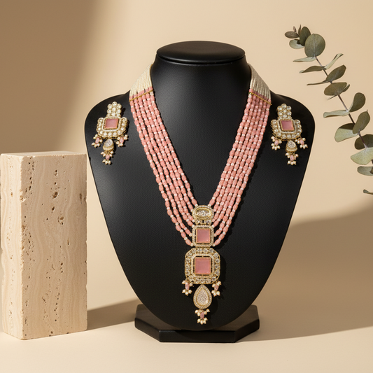 Royal White & Baby Pink Long Necklace With Matching Earrings