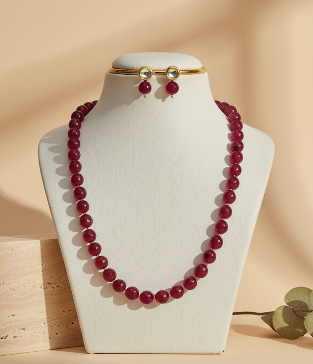 Onyx Maroon Bigger Faceted Bead Necklace & Earring Set