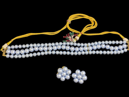 Sky Blue Pearl 3 Layer With Earrings Choker Set DB00182