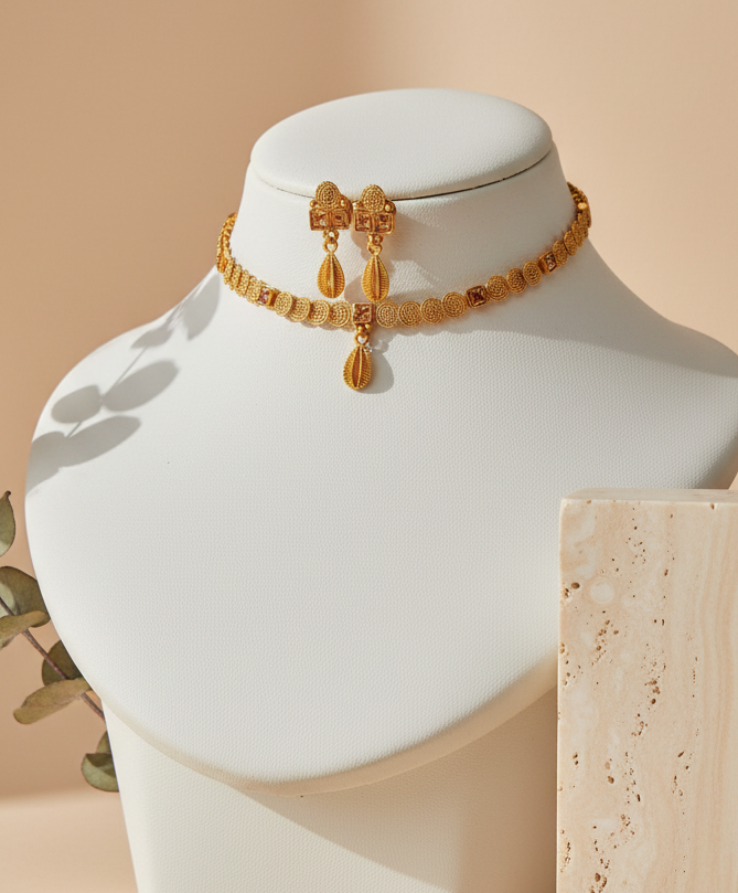 Golden Filigree & Rose Choker Set Matching Earrings