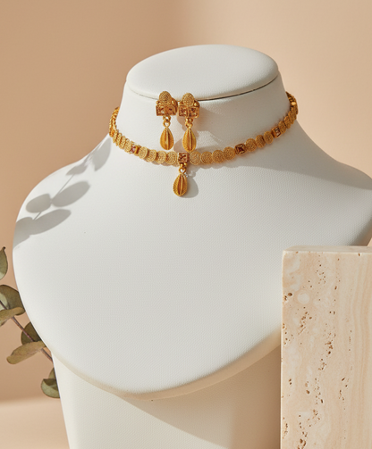 Golden Filigree & Rose Choker Set Matching Earrings