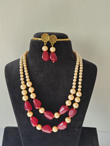 Maroon Stone & Golden Shade Pearl Necklace With Earrings