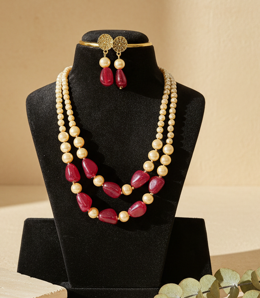 Maroon Stone & Golden Shade Pearl Necklace With Earrings