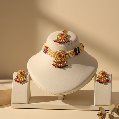 Maharani Pearl Choker & Medallion Jewelry Set With Maang Tikka & Earrings