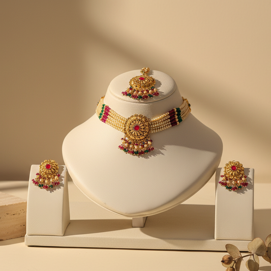 Maharani Pearl Choker & Medallion Jewelry Set With Maang Tikka & Earrings