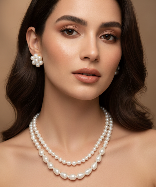 White Pearl Necklace, Round and Drop Shaped Pearls.