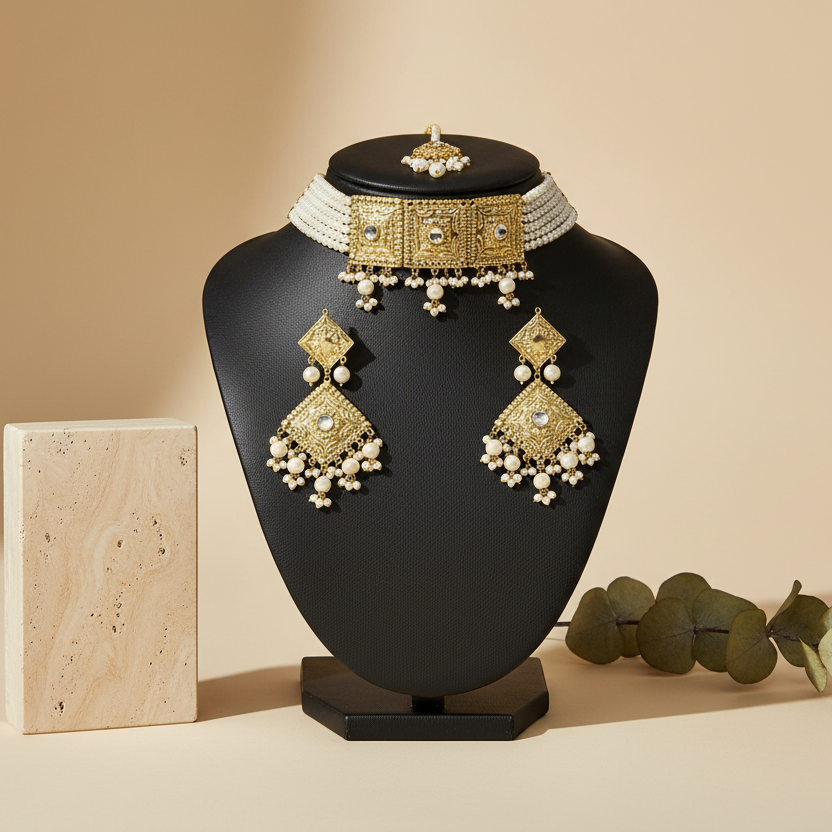 Gold Imitation Choker Set with Earrings