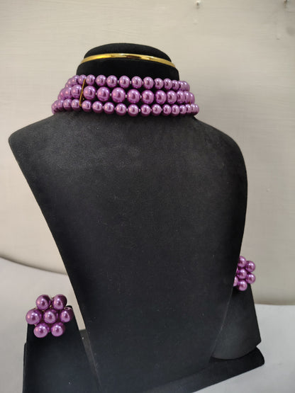 Purple Pearl 3 Layer With Earrings Chokar Set