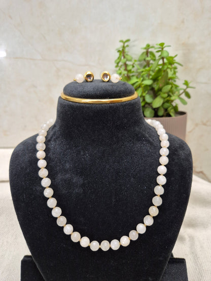 Onyx Milky White Beads Necklace With Golden Metal Earrings