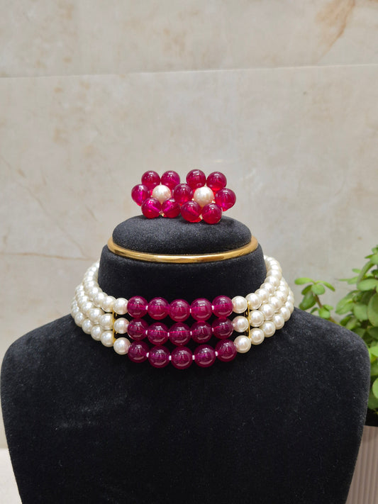 Vibrant Pink & Pearl Three-Strand Necklace & Earring Set