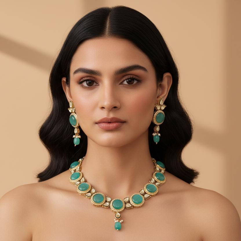 Premium Sea Green Shade Stone Studded Necklace With Earrings