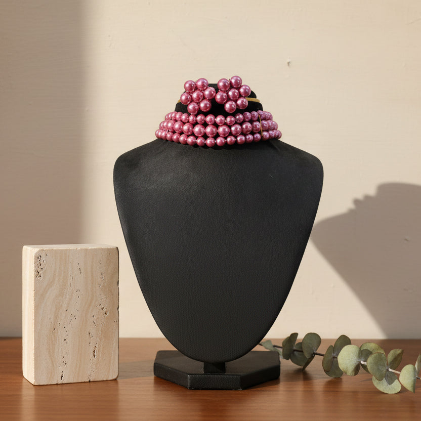 Bright Pink Pearl 3 Layer With Earrings Choker Set