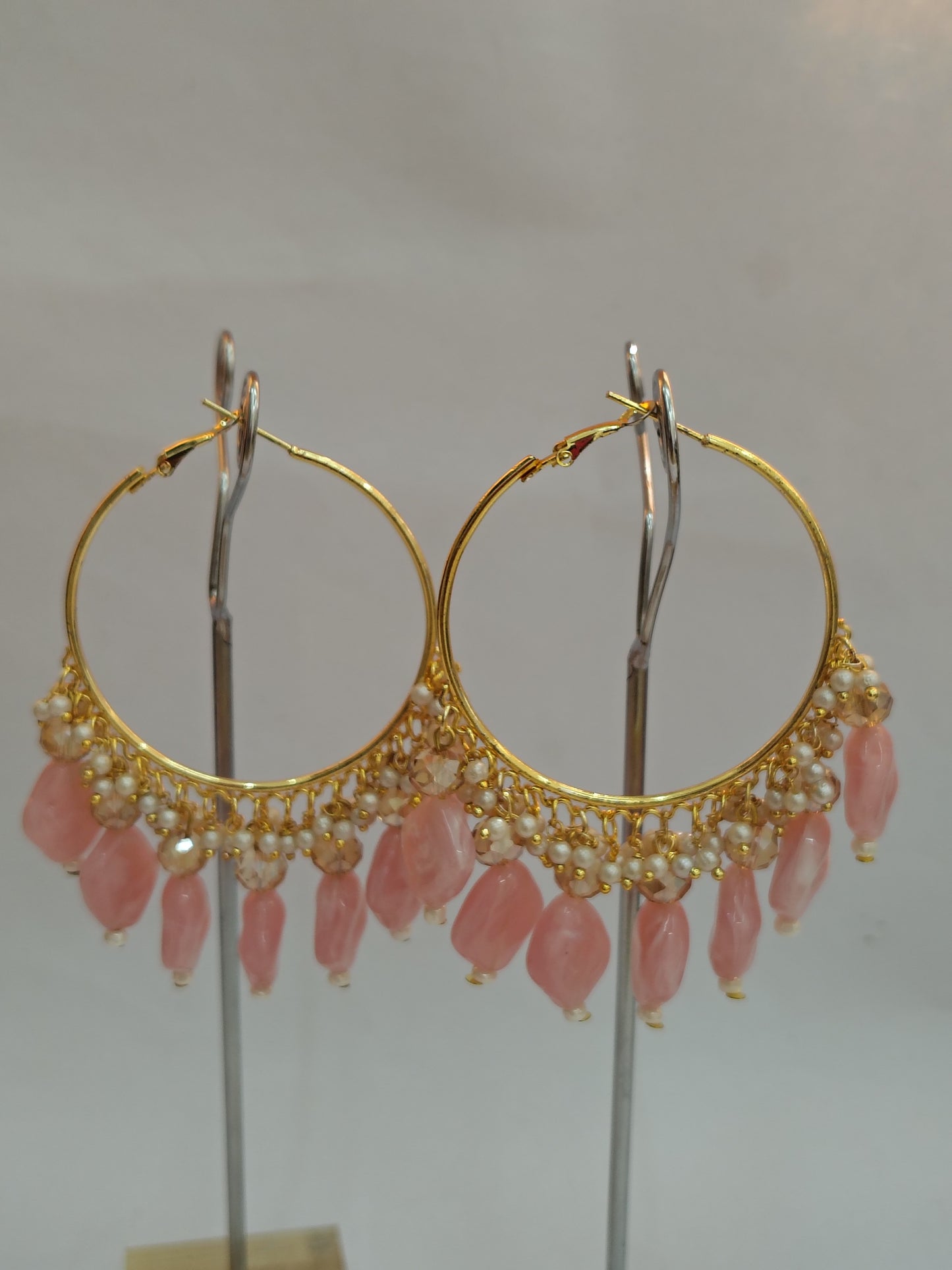 Golden Metal Hoop With Off Pink Stone