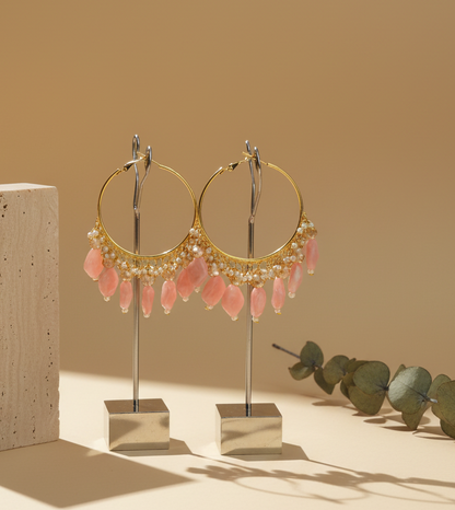 Golden Metal Hoop With Off Pink Stone