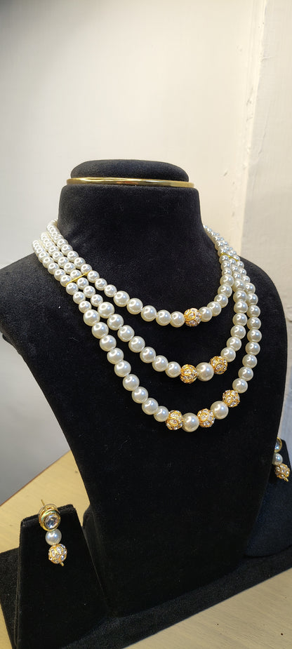 3 Layer Peral White & Golden with Earrings Necklace