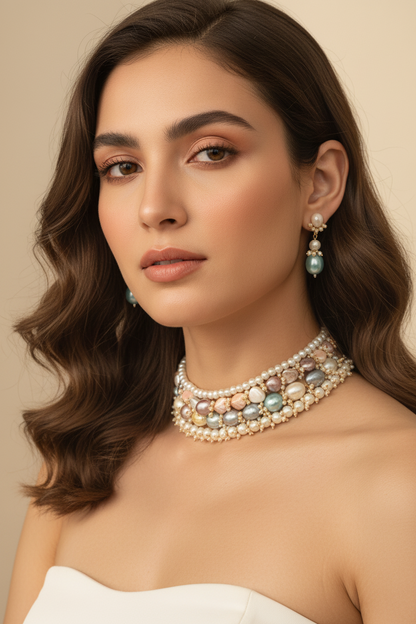 Multi-Hue Baroque Pearl Cluster Choker & Earring Set