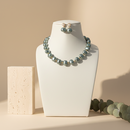 Korean Gray & Green Shade Pearl With Earrings